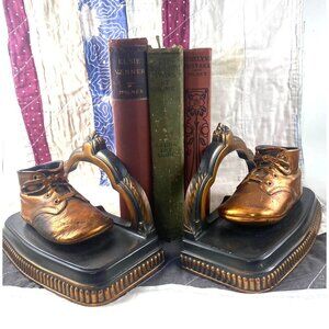 Vintage Bronzed Baby Shoe Bookends 1940s Heavy